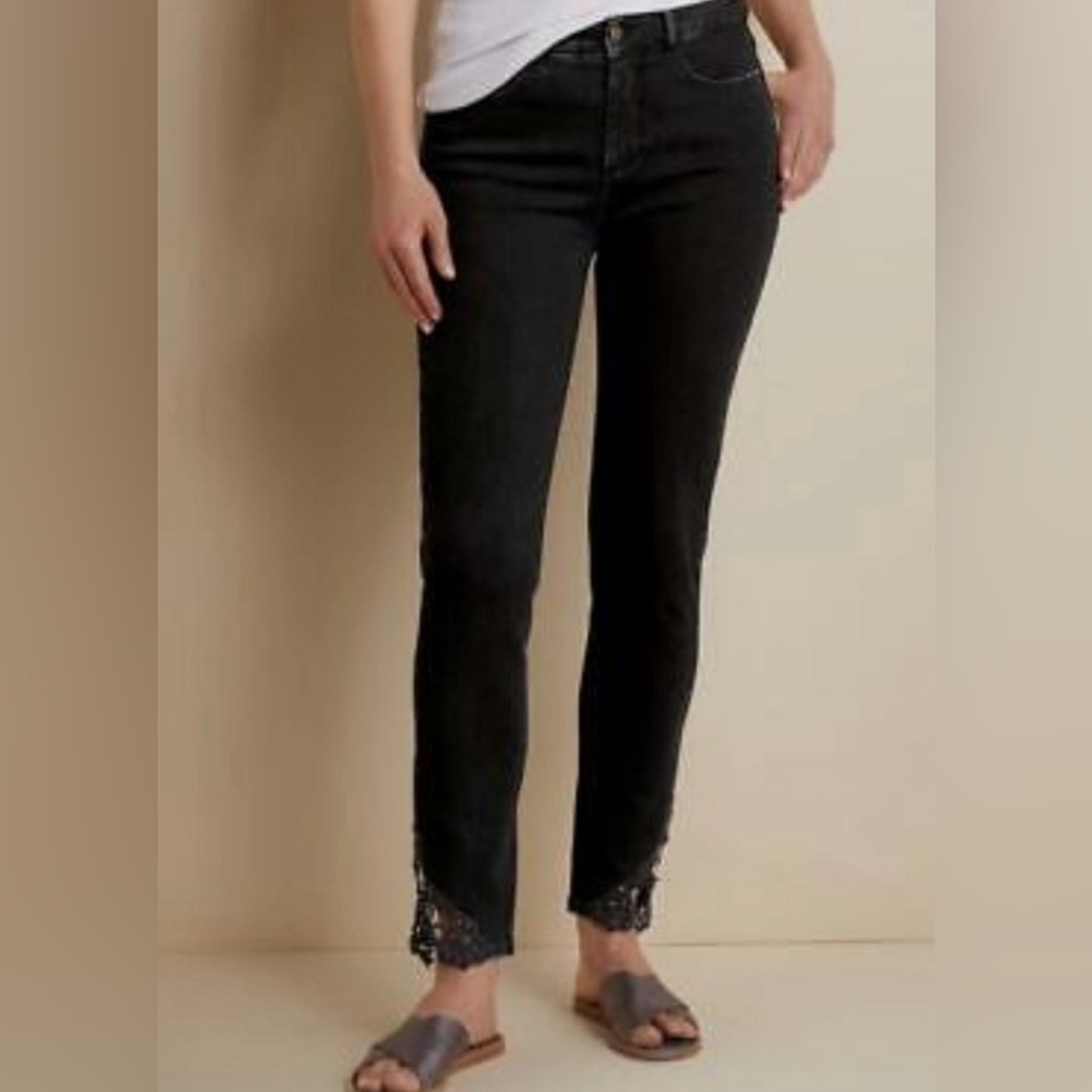 SOFT SURROUNDINGS ‘Touch of Lace’ Straight Leg Lace Ankle Stretch Jeans 8 Petite